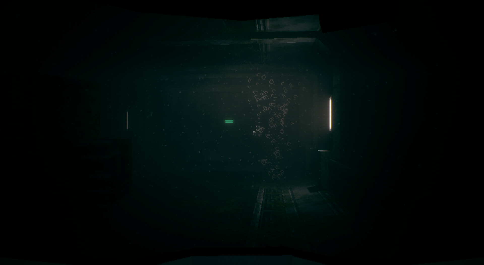 An image of a dark underwater hallway in a submarine. A single light illuminates part of the hallway revealing many air bubbles.