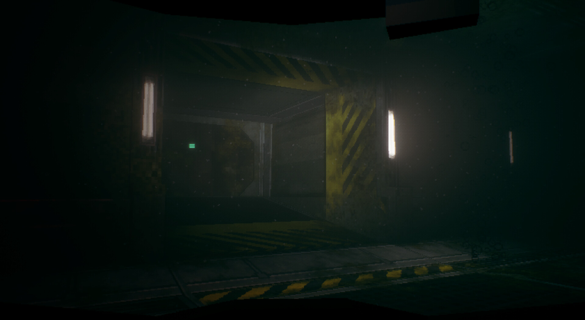 An image of a large underwater structure. There is a large industrial door with faint illumination.