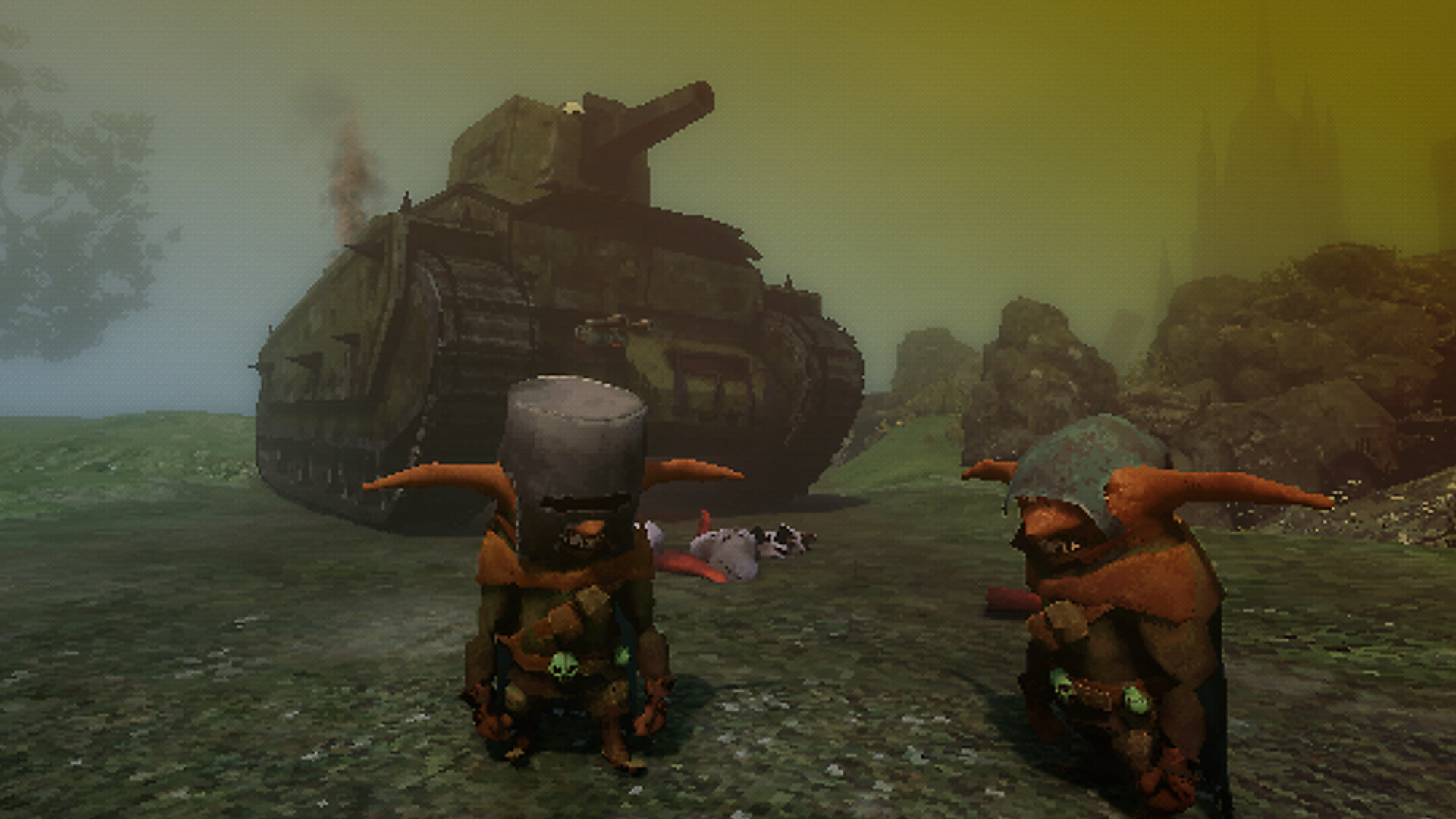An image of two goblins standing in front of a tank.