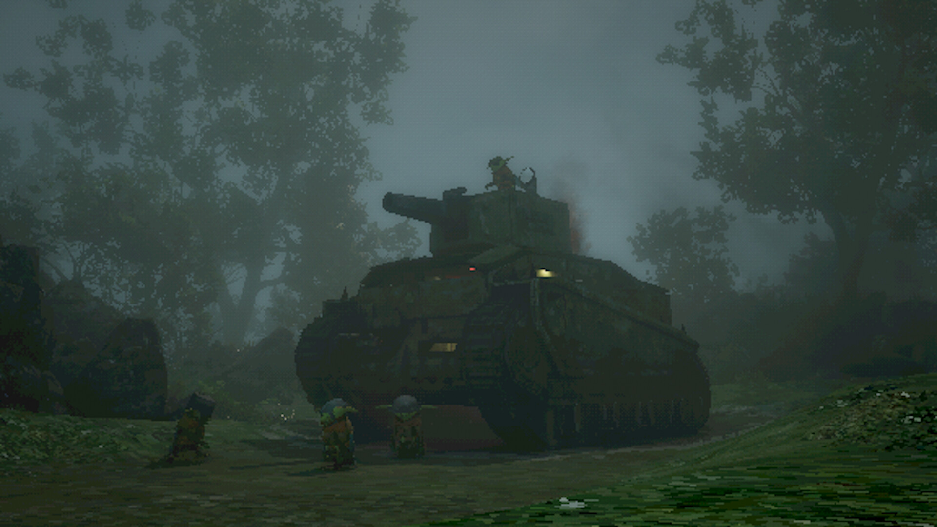 An image of four goblins standing in front of the tank in the woods.